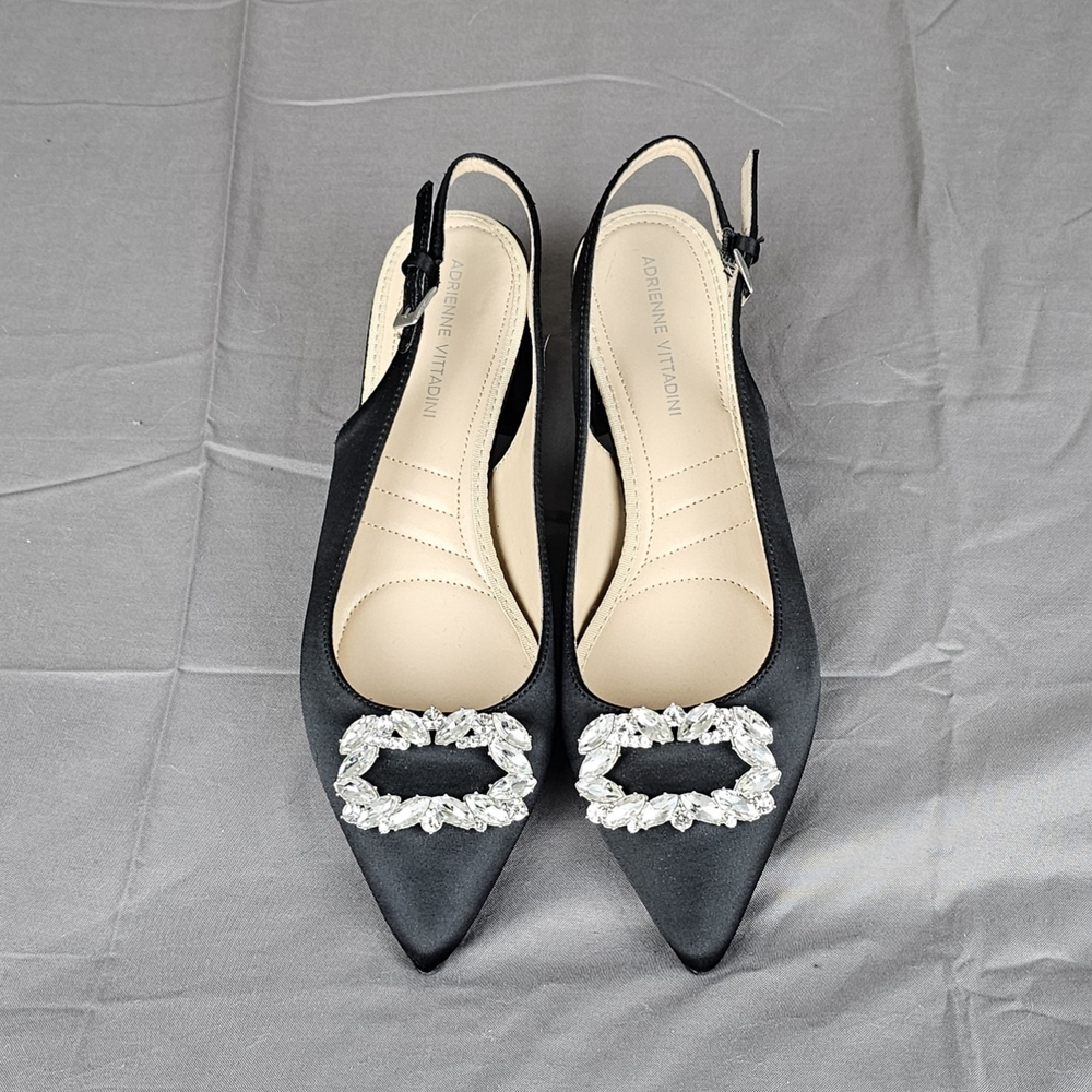 Adrienne Vittadini Black Satin Chunky Heels with Crystal Sparkly Accents LN Sz 9